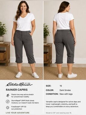 Eddie Bauer Dark Smoke Rainier Capris Flexion Stretch NWT Sz 16